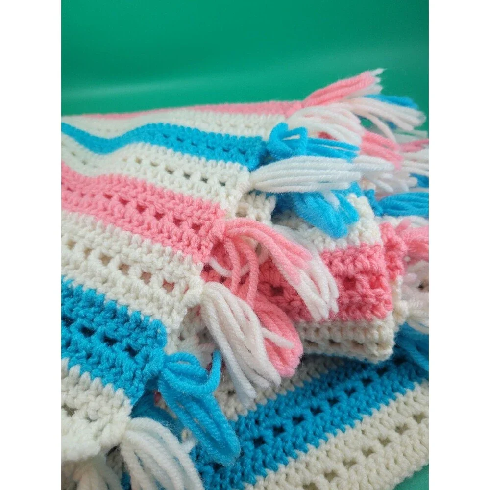 Hand Knitted Lap Blanket Pastel Pink White & Blue Approx: 50